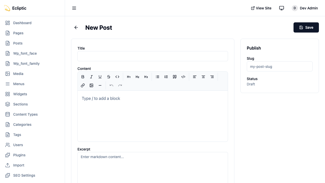 EmDash post editor with rich text toolbar and publish sidebar
